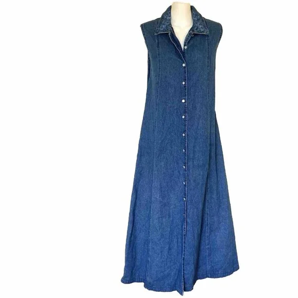 Jessica Sleeveless Denim Chambray Maxi Dress Button Front Embroidered Collar - Picture 5 of 10